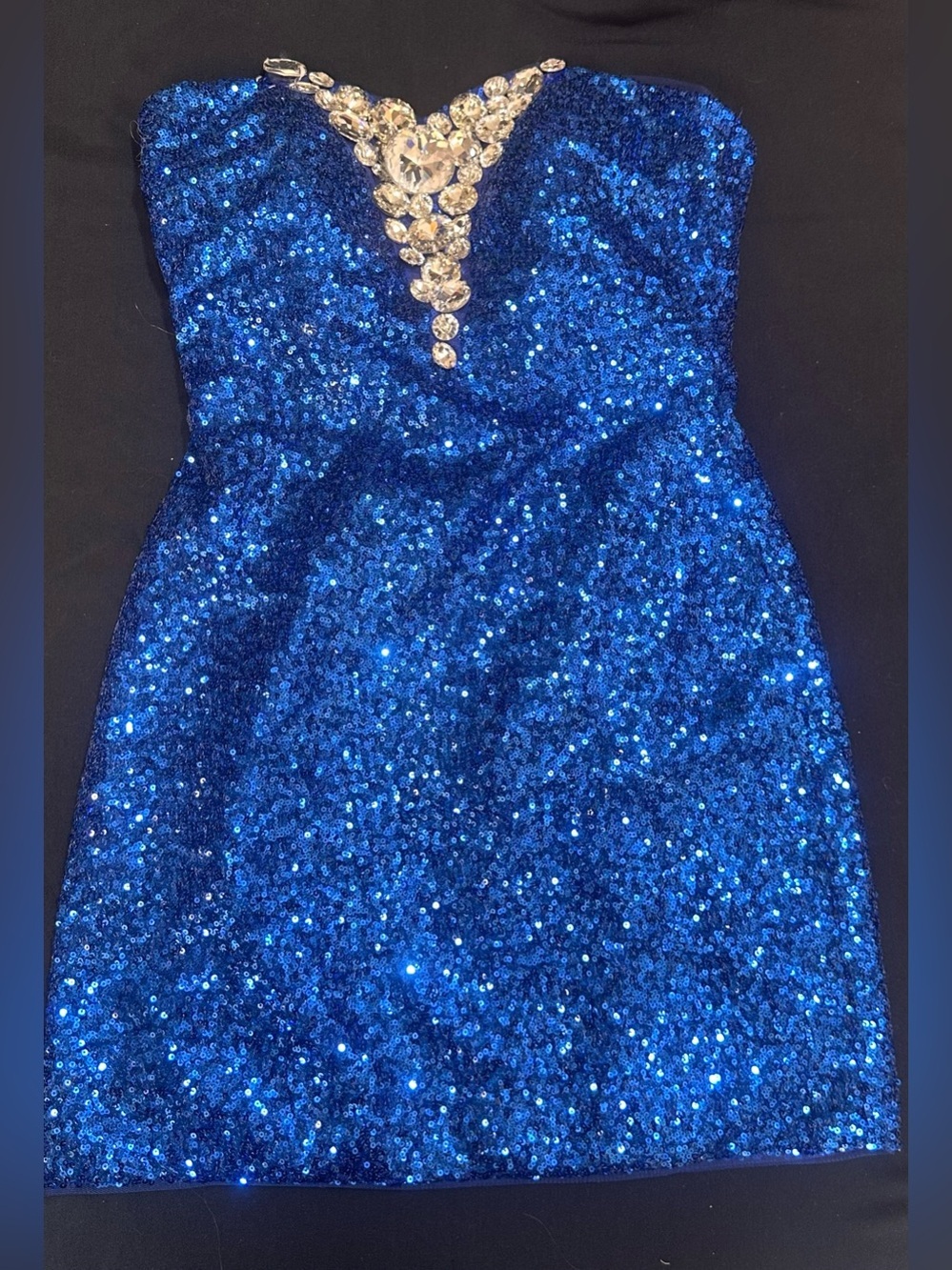 Strapless Sequin Cocktail Dress with Crystal Embellished V-Plunge